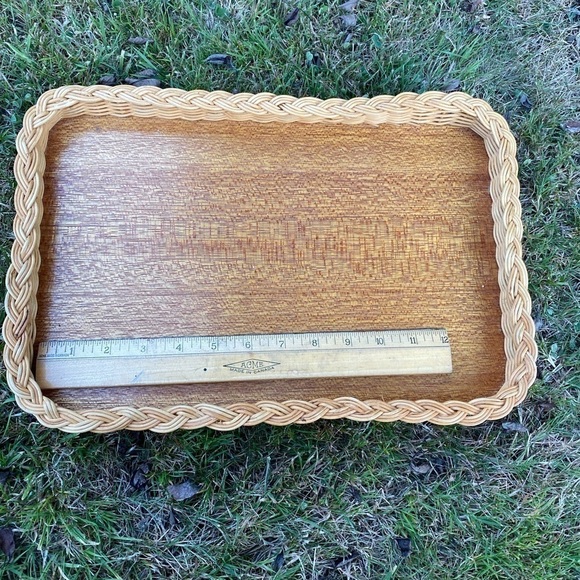 WICKER rattan wood serving tray boho style vintage - Picture 4 of 7